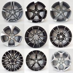 four different types of black and silver rims