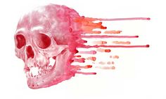 a watercolor painting of a skull with red streaks coming out of it