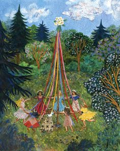 an artistic painting of people playing around a tent in the woods with trees and flowers