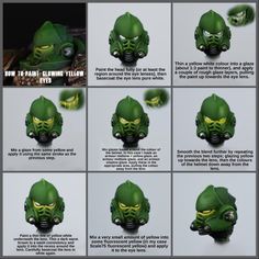 the instructions for how to make an alien head with green paint and yellow eyes on it