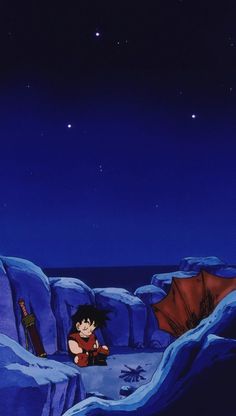 an anime scene with a boy sitting in the middle of some rocks and looking up at the sky