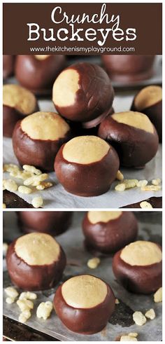 chocolate covered peanut butter balls on a baking sheet