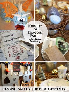 a collage of photos with dragon themed items and text that reads knights & dragons party