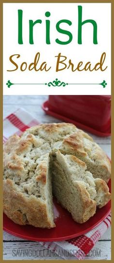 irish soda bread on a red plate with the title above it