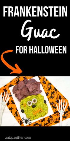 a plate with food on it and the words, halloween guac for halloween