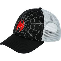 a black and white trucker hat with red spider on it