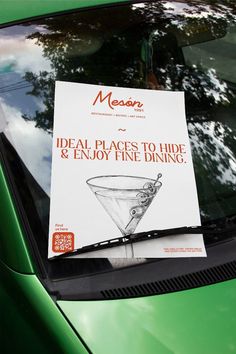 a sign on the hood of a car that says ideal places to hire and enjoy fine dining