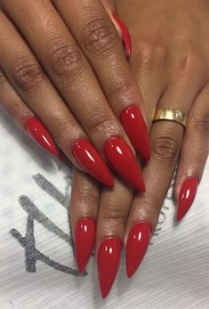 Almond Long Red Nails, Red Nails On Black Girls, Red Almond Nails Black Women, Pointy Red Nails, Nude And Red Nails, Red Pointy Nails, Red Nails Black Women, Pointy Almond Nails, Red Almond Nails Designs