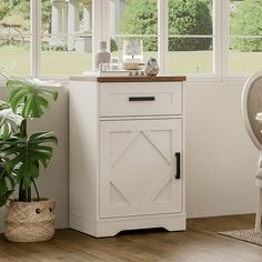 a white cabinet sitting next to a potted plant in a living room with windows