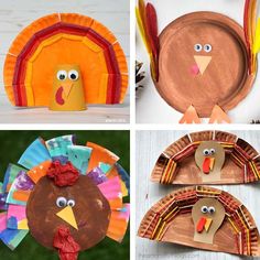 four different thanksgiving crafts for kids to make with paper plates, turkeys and leaves