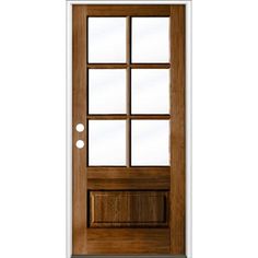 a wooden door with glass panels and a sidelight on the top half, in front of a white background