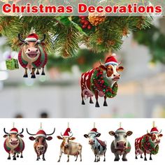 christmas decorations are hanging from the branches of a tree with cows wearing hats and scarfs