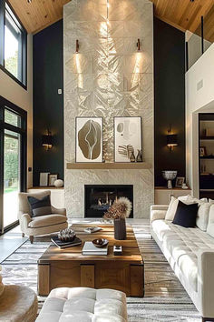 35 Modern Fireplace Accent Wall Ideas to Elevate Your Space Wood Accent Wall High Ceiling Fireplace And Tv, Textured Tile Fireplace, Vertical Wood Accent Wall Fireplace, Fireplace Lighting Ideas, High Ceiling Fireplace Wall Stone, Fireplace Walls, 2 Story Fireplace, Fireplace Tv Wall Stone Mounted, Transitional Fireplace Design