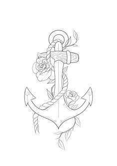 an anchor with roses on it is drawn in black and white, as well as the outline