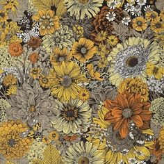 a bunch of flowers that are in the middle of a wallpaper pattern with brown, yellow and white colors