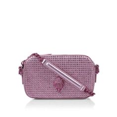 The Kensington Small Camera Bag Is Designed With A Metallic Pink Exterior Embellished With Pink Jewels On The Front With Open Pocket On The Back Finished With Pink Eagle Head Emblem. The Removable Pink Chain Strap Sits Across The Body With The Pink Zipper Opening To A Lined Interior With Small Open Pocket. Height: 4.5" Width: 5.5" Depth: 2" 22" Crossbody Strap .9 Lb *The Multiple Images Show The Same Bag In Different Lighting. In Daylight The Handbag Appear Lighter; In Low Lighting It Appears Mo Designer Pink Embellished Bags, Designer Embellished Crossbody Bag, Luxury Embellished Pink Bag, Luxury Pink Embellished Bag, Luxury Embellished Crossbody Bag, Luxury Embellished Rectangular Bags, Bolsas Kurt Geiger, Small Camera Bag, Pink Chain