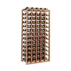 a wooden wine rack filled with lots of bottles