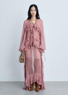 Semitransparent chiffon dress with ruffles - Women | MANGO USA Ruffle Design, Style Muse, Fall Capsule Wardrobe, Pink Maxi, Gauze Fabric, Dress Shapes, Pink Maxi Dress, Sheer Fabric, Sheer Fabrics