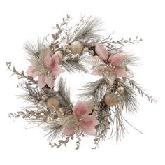 a christmas wreath with pink and gold decorations