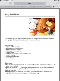 the menu for an easy fried fish dinner is shown in this screenshote screen shot