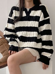 Women's Striped Collared Loose Twist Knit Sweater Black and White Casual  Long Sleeve Knitwear Colorblock,Striped Pullovers Medium Stretch  Women Clothing, size features are:Bust: ,Length: ,Sleeve Length: Casual Couple Outfits, Outfit Black And White, Retro Autumn, Fall Winter Trends, Round Neck Sweater, Bottoming Shirt, Winter Trends, Round Neck Sweaters