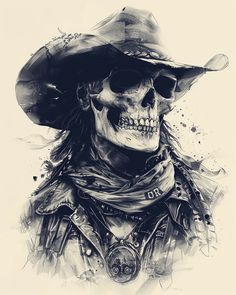 a skull wearing a cowboy hat and scarf