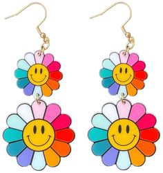 60s Smiley Rainbow Betty Flower Earrings - Relic828 Trendy Multicolor Flower Earrings, Fun Multicolor Spring Jewelry, Retro Multicolor Flower Earrings For Gift, Cute Multicolor Flower Shaped Earrings, Trendy Multicolor Flower Earrings For Party, Playful Multicolor Earrings For Spring, Multicolor Playful Spring Earrings, Playful Multicolor Spring Earrings, Trendy Colorful Earrings For Spring