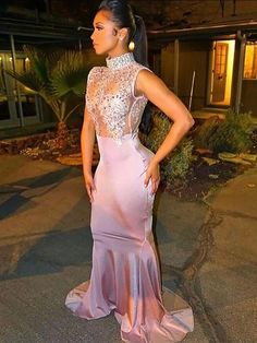 Gorgeous Mermaid High Neck Sleeveless Silk like Satin Lace Prom Dresses Mermaid High, Dress Display, Pink Mermaid, Lace Prom Dress, High Neck Sleeveless, Lace Mermaid, Custom Size Dresses, Lace Dresses, Prom Dresses Lace