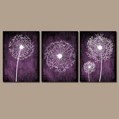 three purple and white dandelions are hanging on the wall