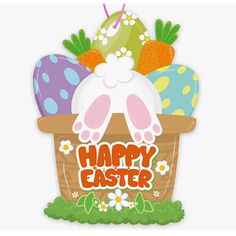 an easter basket with eggs and bunny ears on the top, happy easter sign above it