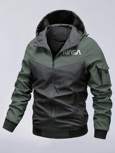 Verde militar Casual Collar manga larga Tela Letras Más Embellished No-Elástico Todo Hooded Winter Coat, Hooded Jacket Men, Color Block Jacket, Men Plus Size, Mens Plus Size, Ootd Outfit, Mens Outerwear, Men Clothing