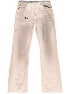 white/beige denim panelled design washed paint splatter detail belt loops concealed fly and button fastening logo patch to the rear classic five pockets flared Gallery Dept, Jeans Beige, Flared Jeans, Paint Splatter, Jeans Flare, White Beige, Panel Design, Bootcut Jeans, Flare Jeans