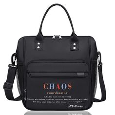 a black handbag with the words chaos on it and an orange, red, blue,