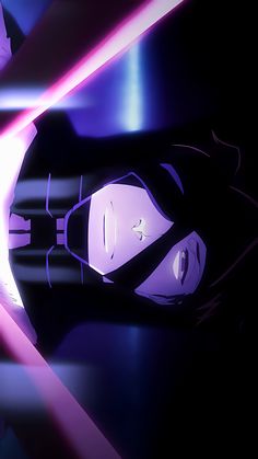 an animated image of a woman with long hair and purple light beams in the background