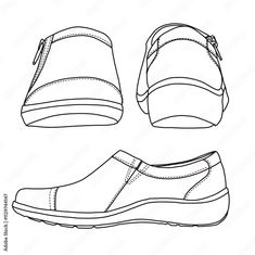 Women's Loafers Slip On with zipper Shoes Line art, Technical sketch hand drawing outline vector doodle various view isolated on white background for coloring page Coloring Pages