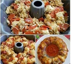 there are three pictures of different food items in the same pan, and one has pepperoni on it