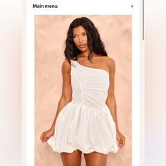 Say Hello To Your New Season Staple With This White Shoulder Ruched Puff Ball Dress. This Dress Is Brought To You In A White Hue With A One Shoulder Design, Ruched Detailing And A Puff Ball Style, What's Not To Love? This Puff Ball Dress Will Have You Looking On-Point Doll. Style This With Your High Heels And Accessories For A Vibe Like No Other. Length Approx 81cm/32" (Based On A Sample Size Uk 8) Model Wears Size Uk 8/ Eu 36/ Aus 8/ Us 4 Model Height - 5ft 6" Spring Ruched Mini Bubble Dress, Chic Ruched Bubble Dress For Parties, Chic Party Bubble Dress With Ruched Detail, Summer One-shoulder Mini Dress With Ruched Bodice, Summer Mini Dress With Ruched Bodice And One Shoulder, Elegant Ruched Bubble Hem Dress, Elegant Ruched Dress With Bubble Hem, Chic Ruched Bubble Hem Dress, Fitted Ruched Bubble Dress