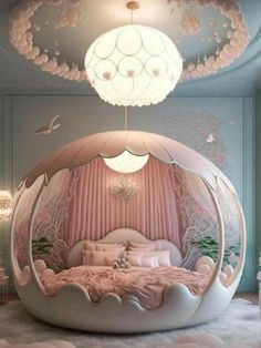 a bedroom with pink and white decor on the ceiling, bed in an egg shaped room