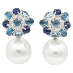 18K White Gold Sapphire and Blue Topaz 9.00 Carats Diamonds 1.60 Cts South Sea Pearls 15-16 mm Pearl Diamond Dangle Earrings, South Sea Pearls Earrings, Blue Sapphire Necklace, White Gold Sapphire, Baroque Pearl Earrings, Diamond Dangle Earrings, Jewelry Pearl, Sea Pearl, South Sea Pearls