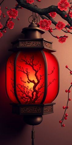 a red lantern hanging from the side of a tree with pink flowers on it's branches