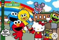 the sesame street characters are standing in front of a rainbow - colored sign and some buildings