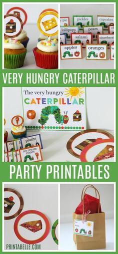 the very hungry caterpillar party printables and cupcake toppers are on display