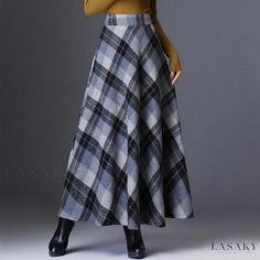 Lasaky - High-waisted Plaid Half-skirted Winter Dress with a Flared Hemline Modest Long Skirts, Long Skirt Winter, Midi Skirt Winter, Plaid Midi Skirt, Plaid Wool Skirt, Ankle Length Skirt, Khaki Skirt, Winter Plaid, Pleated Long Skirt