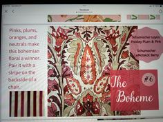 a computer screen with the words pinks plums, oranges and neutrals make this bohemian floral fabric a winner