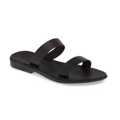 Classic Black Double Strap Sandals, Classic Slide Sandals For Vacation, Modern Black Everyday Sandals, Classic Double Strap Sandals For Summer, Classic Black Footbed Sandals For Beach, Everyday Black Open Toe Slides, Classic Single Toe Strap Slides For Beach, Classic Beach Slides With Single Toe Strap, Black Double Strap Slides For Summer