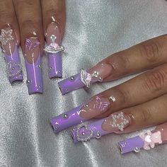 24pcs Glossy Long Square Fake Nails, Purple French Tip Press On Nails With 3d Bear, Pearl Heart Star And Rhinestone Design, Cute False Nails For Women Girls Color Tone: Purple Nail Shape: Square Shape Nail Length: Long Nail Pattern: Heart,Star Nail Finishes: Glossy Sweet 16 Nails, Light Purple Nails, Purple Acrylic Nails, Purple Nail Designs, Long Nail Designs, Girly Acrylic Nails, Cute Acrylic Nail Designs, Really Cute Nails, Unique Acrylic Nails