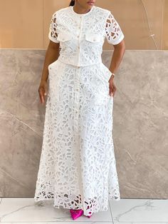 Urban Crew Neck Lace Short Sleeve Blouse White Dress African Style, White Lace Skirt And Blouse Styles, Lace Sleeve Styles, Senegalese Clothing Styles 2024, Ankara Lace Styles For Women, Ankara Lace Dress Styles, White Lace Styles, Dentelle Dress, White Lace Dress Outfit