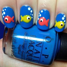 Fishies! Fish Nail Art, Fish Nails, Nail Art For Kids, Animal Nails, Crazy Nails, Nails For Kids, Blue Nail, Short Nail Designs, Cute Nail Art