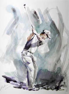 a watercolor painting of a baseball player holding a bat in his right hand and swinging at the ball