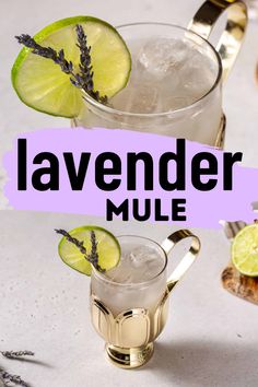 two glasses filled with lavender mules and garnished with lime